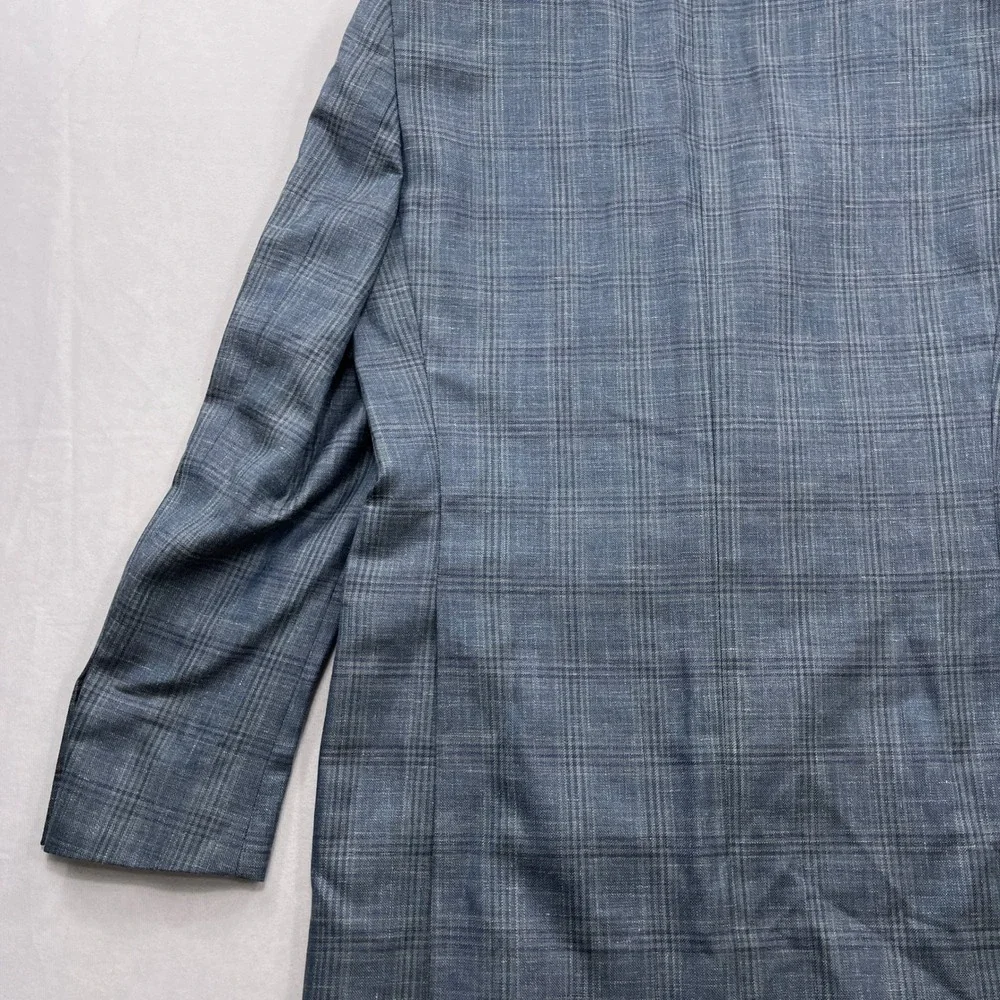 Ralph Lauren Sport Coat Wool Silk Linen Plaid Blue Mens 42L
